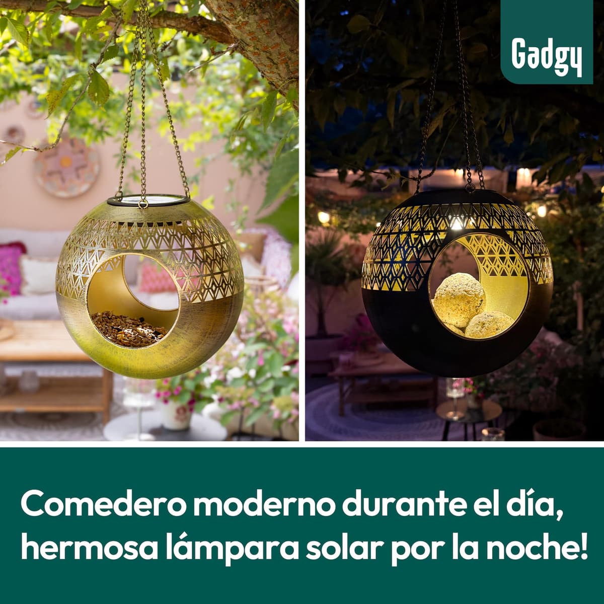Gadgy Comedero Solar para pájaros Colgante – Diseño Redondo Moderno de Metal – Comedero para pájaros 360° con iluminación Solar – Casa para pájaros Impermeable para jardín, balcón, terraza — view 4