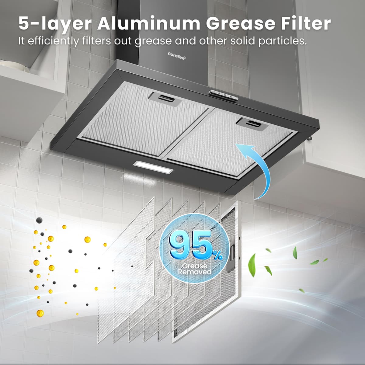 COMFEE' 60 cm Chimney Cooker Hood PYRA17B-60 with LED and Recirculating & Ducting System Wall Mounted Range Hood 600 mm Extractor Fan Kitchen - Black — view 3