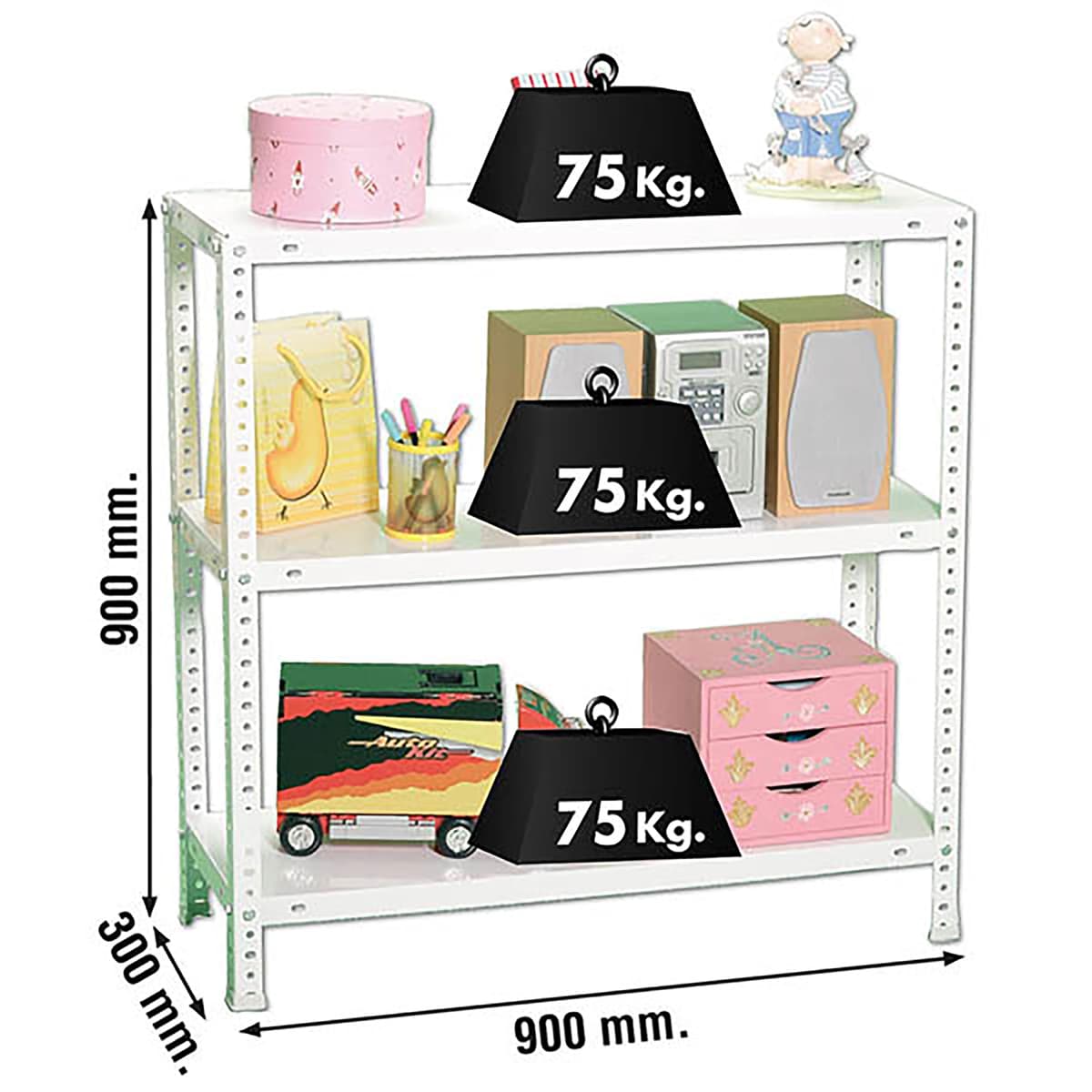Simon Rack Estanteria Metalica 900x900x300 mm, 3 Alturas, Bandeja Metal, 75 kg de Punto Flexión, Estanteria Almacenaje, Blanca - Advantage — view 3