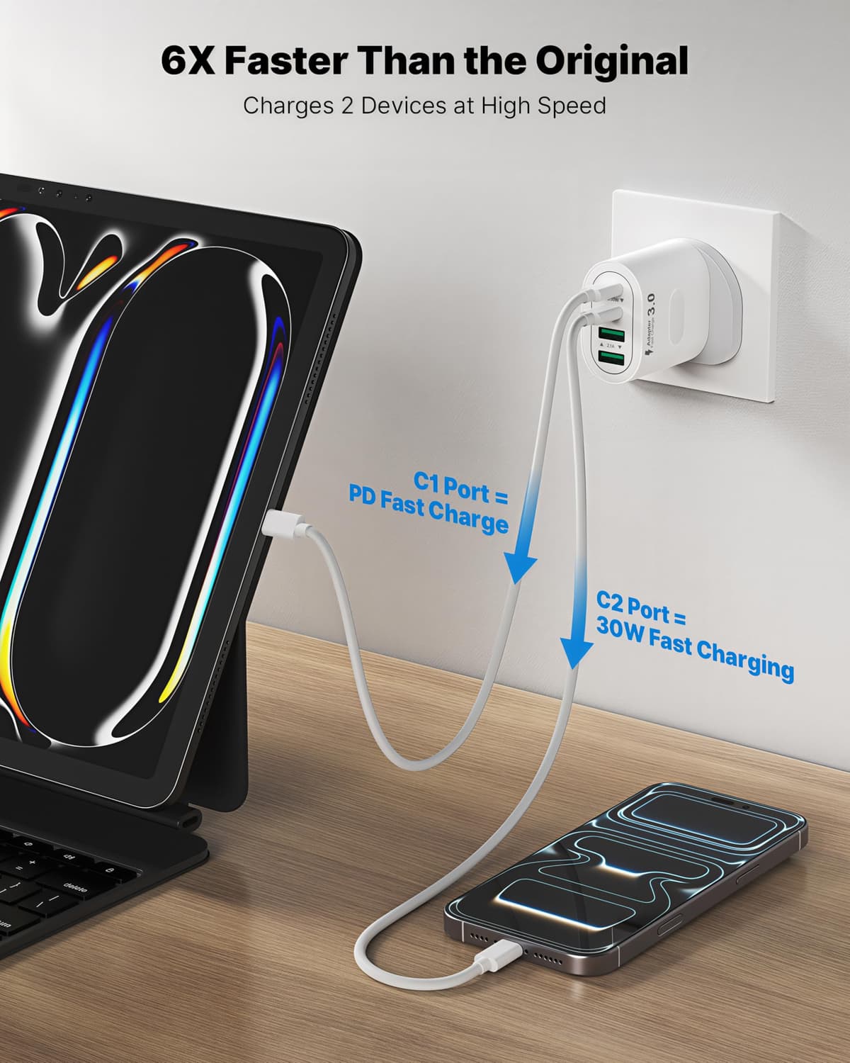 USB C Plug Fast Charge, 60W 4-Port Multi USB Plug UK Dual Port PD Power Adapter (5V/3A, 9V/3A, 12V/2.5A)+QC Mains Wall Charger, Type C Fast Charging for iPhone 16/15/14/13/12 Pro Max, Samsung, iPad — view 2