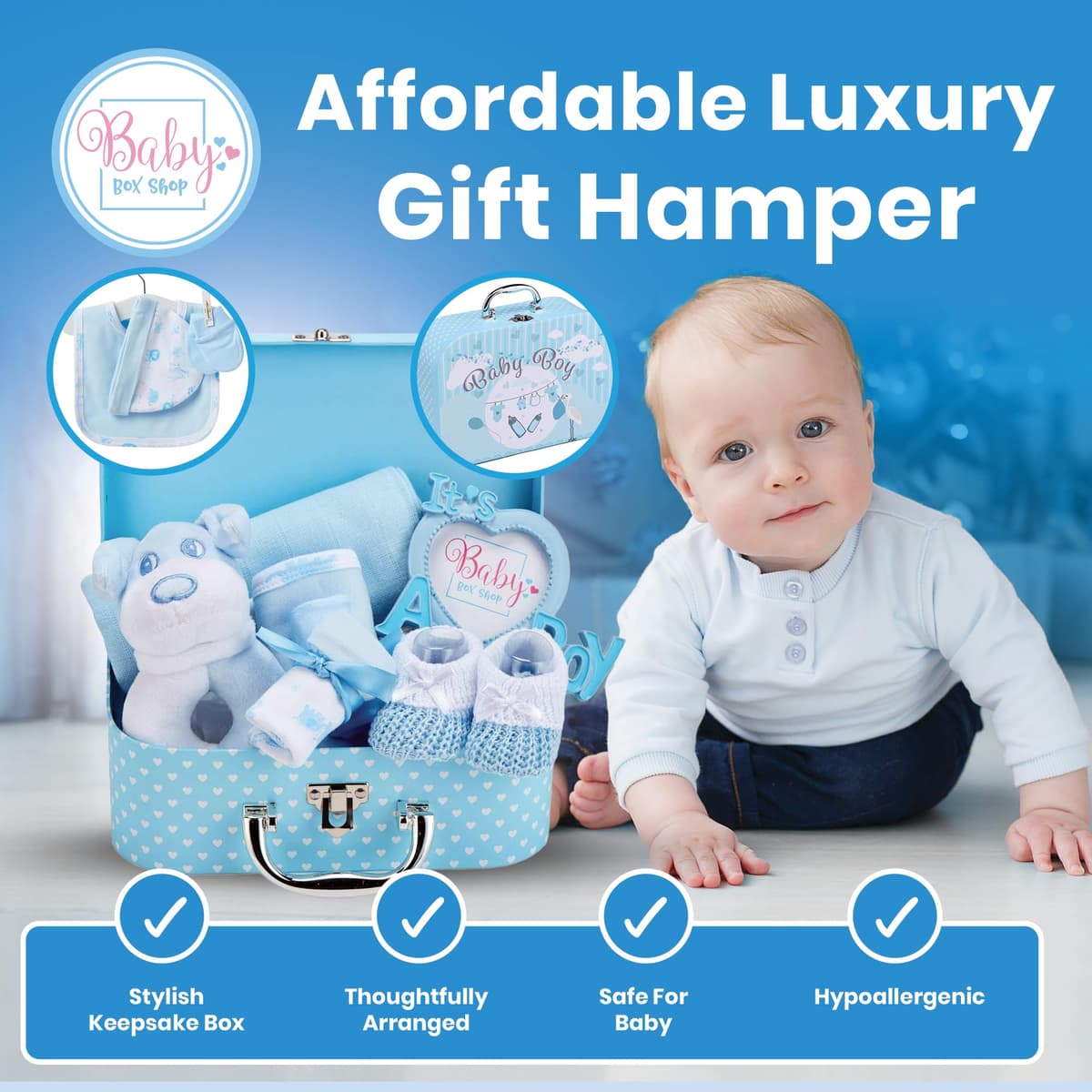 Baby Box Shop Newborn Baby Boy Gift Set Premium Gift-Ready Hamper with Rattle, Photo Frame, Muslin Cloth & Newborn Essentials in a Blue Keepsake Box - Ideal as Baby Shower Gifts for New Born Boys — view 5