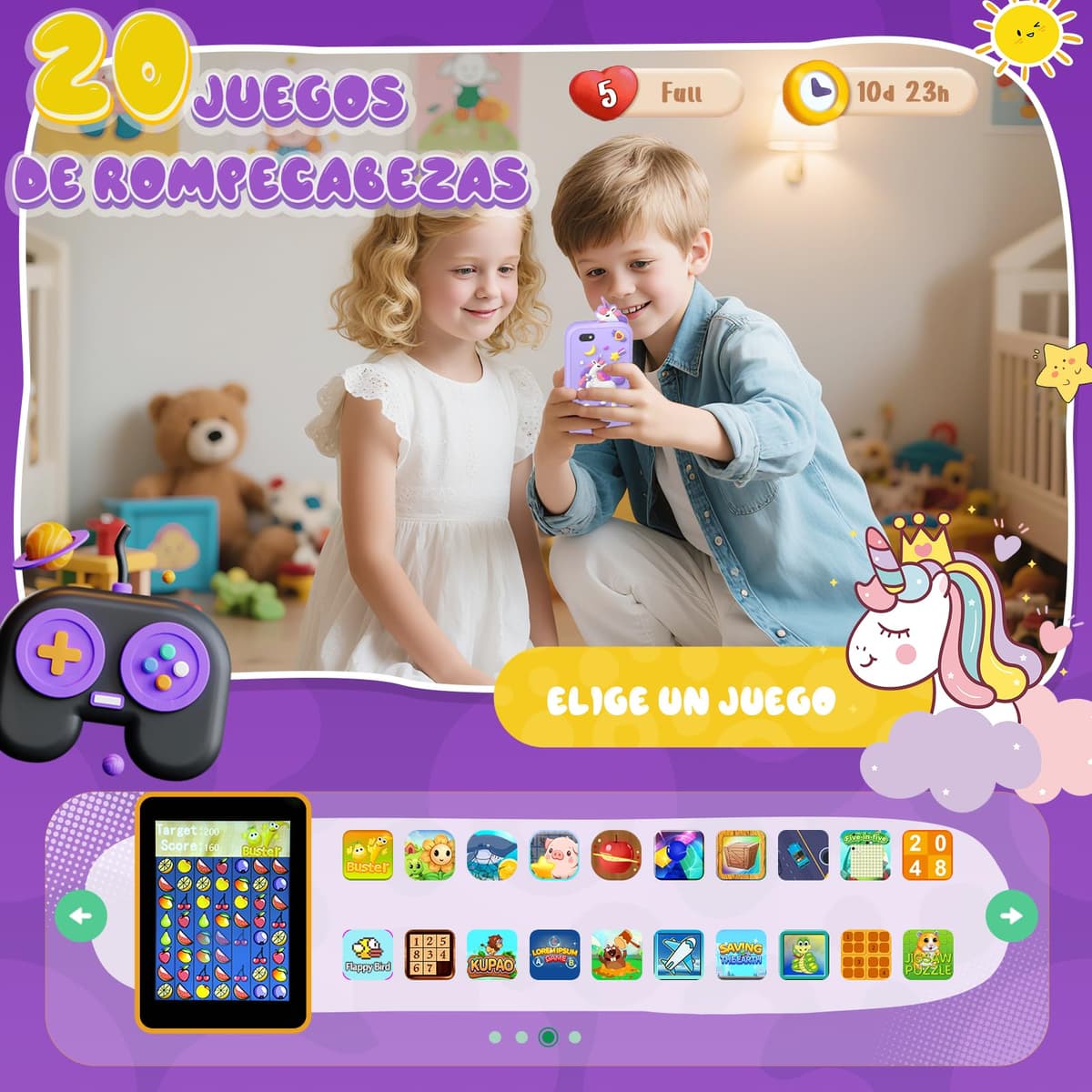 Fippesax Smartphone Niños, Cámara con Pantalla Táctil de 2,8 Pulgadas, Teléfono Móvil para 20 Juegos Educativos, Cámara Dual, Regalo de Cumpleaños de Navidad para Niños de 3 a 9 Años Morado — view 4