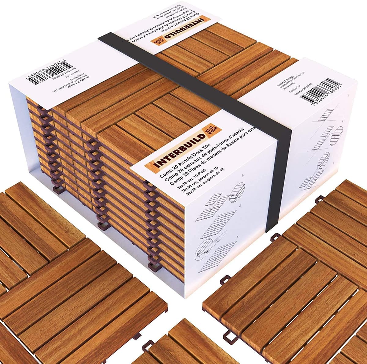 Interbuild Acacia Hardwood Decking Tiles,Decking Board Golden Teak 30×30cm 10 Tiles = 0.9 ㎡ per Pack for Patio & Balcony