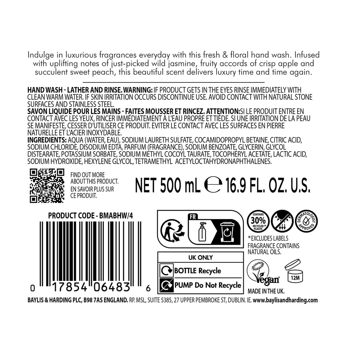 Baylis & Harding Jasmine and Apple Blossom Anti-Bacterial Hand Wash, 500 ml (Pack of 3) - Vegan Friendly — view 8