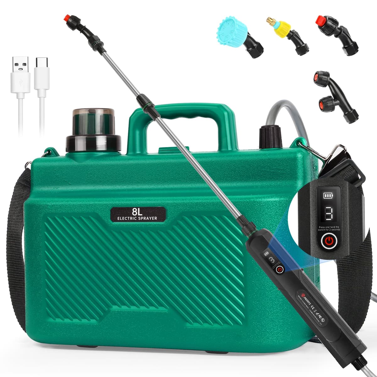 BesWin Battery Powered Sprayer 8L, Rechargeable Electric Garden Sprayer with 3 Speeds Displayed, Battery Indicator, 4 Mist Nozzles, Retractable Wand,Adjustable Shoulder Strap for Lawn Garden and Patio