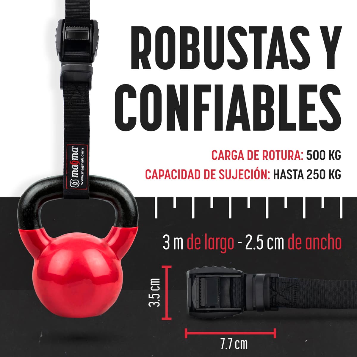 MAGMA Pack 2 Cinchas de Amarre de 3m | Correas para Baca Coche y Portabicicletas. Surf, Bici, Kayak, Moto | Hebilla -Trinquete con Protección de Goma para no rayar | Carga Segura - SWL: 250kgf Negro — view 3