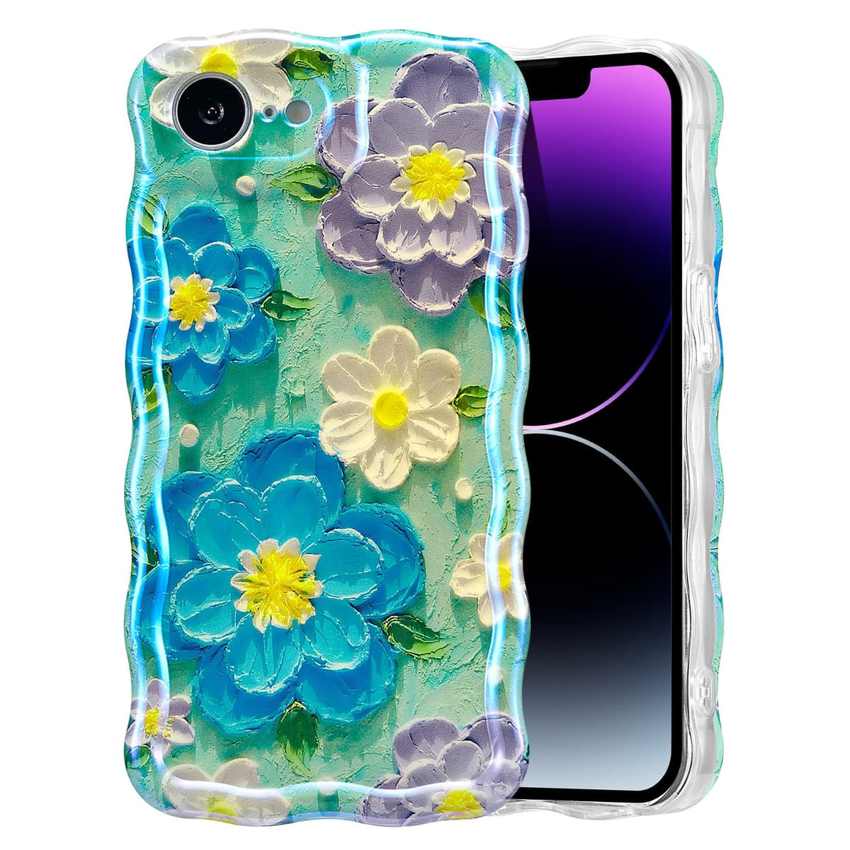 EYZUTAK Case for iPhone 16, Colorful Retro Oil Painting Printed Flower Laser Glossy Pattern Cute Curly Wave Edge Exquisite Phone Cover Stylish Durable TPU Protective Case for Girl Women-Green — view 84