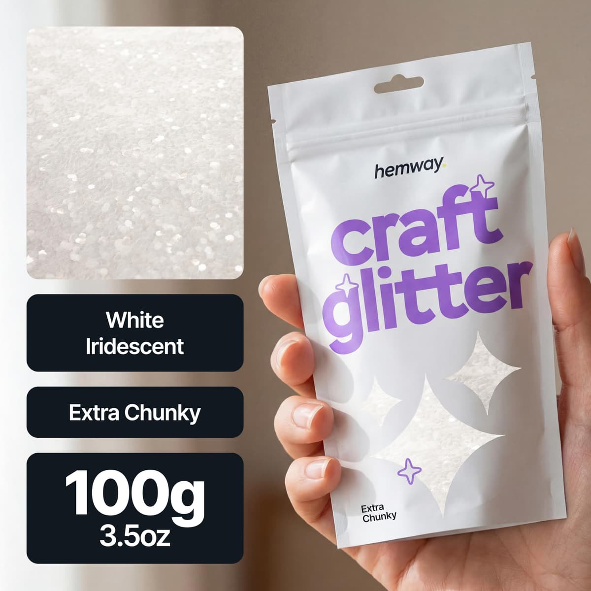Hemway - Purpurina para manualidades, vasos, resina, epoxi, uñas, cera, álbumes de recortes, cristal, decoración de escuelas: blanco iridiscente, extragruesa (1 mm), 100 g — view 2