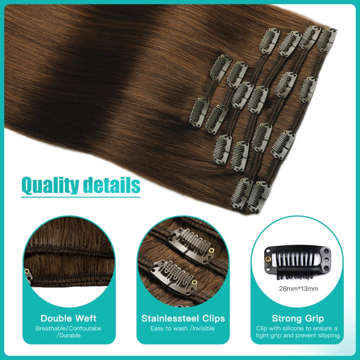 SURNEL Extensiones Clip Pelo Natural 100g 35cm 6 Piezas Castaño Chocolate Extensiones De Clip De Humano Real Extensiones Pelo Natural Remy (C#4-35cm) — view 4