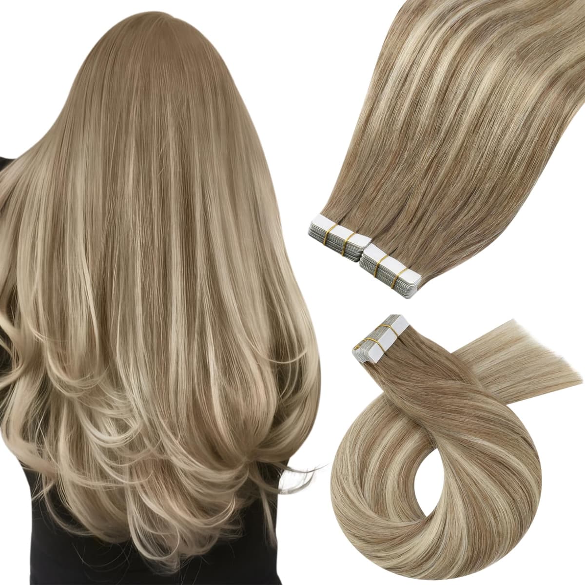 Moresoo Tape in Human Hair Extensions 20 Inch Highlight 50g/20pcs Tape in Hair Extensions Human Hair Ash Blonde with Platinum Blonde #P18/613 — view 45