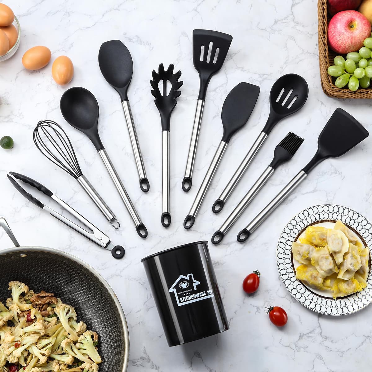 38 Pieces Kitchen Utensils Set, BEWOS Silicone Cooking Utensils Set with Spatula, Utensil Holder and Measuring Spoons, Nonstick Heat Resistant, Black Kitchen Gadgets, Stainless Steel Handle — view 3
