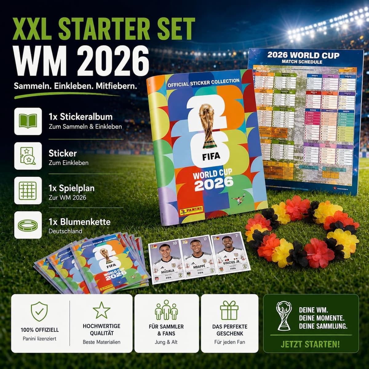 Set Panini Copa Mundial 2026 Álbum & Stickers – Tarjetas de Fútbol Coleccionables con Calendario de Partidos, Collar de Flores Alemania & Álbum Panini (10 Sobres / 70 Stickers) — view 5