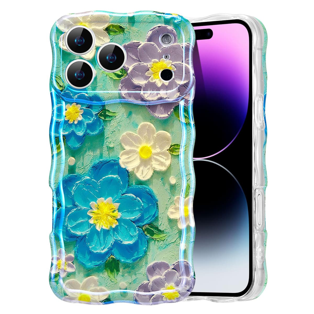 EYZUTAK Case for iPhone 16, Colorful Retro Oil Painting Printed Flower Laser Glossy Pattern Cute Curly Wave Edge Exquisite Phone Cover Stylish Durable TPU Protective Case for Girl Women-Green — view 61