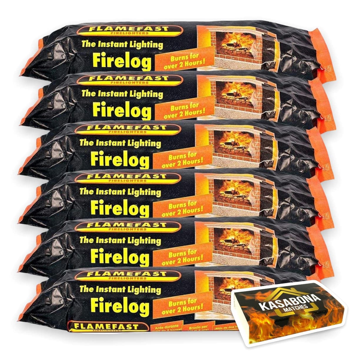 Flamefast Smokeless Instant Lighting Firelog Open Garden Chimineas 2hrs Burn Enviromentally Frienly Fire Individually Wrapped Case of 12 Logs & KasaBona Safety Matches