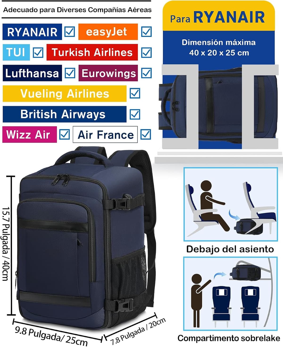 KLOSTAIN Mochila Viaje Cabina Avion 40x20x25 para Ryanair 20L Mochila Cabina Equipaje de Mano Bolso Mochilas Hombre para Port