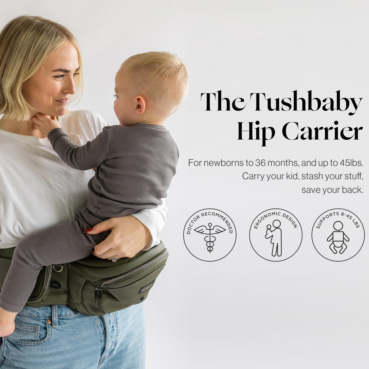 Tushbaby Hip Carrier for Babies & Toddlers (Olive) - Safety-Certified, Machine Washable Child Waist Seat for One Hand Support with Multi-Pocket Storage, 23”- 44” Waist, Holds Kids 0-3 yrs up to 45lbs — view 2