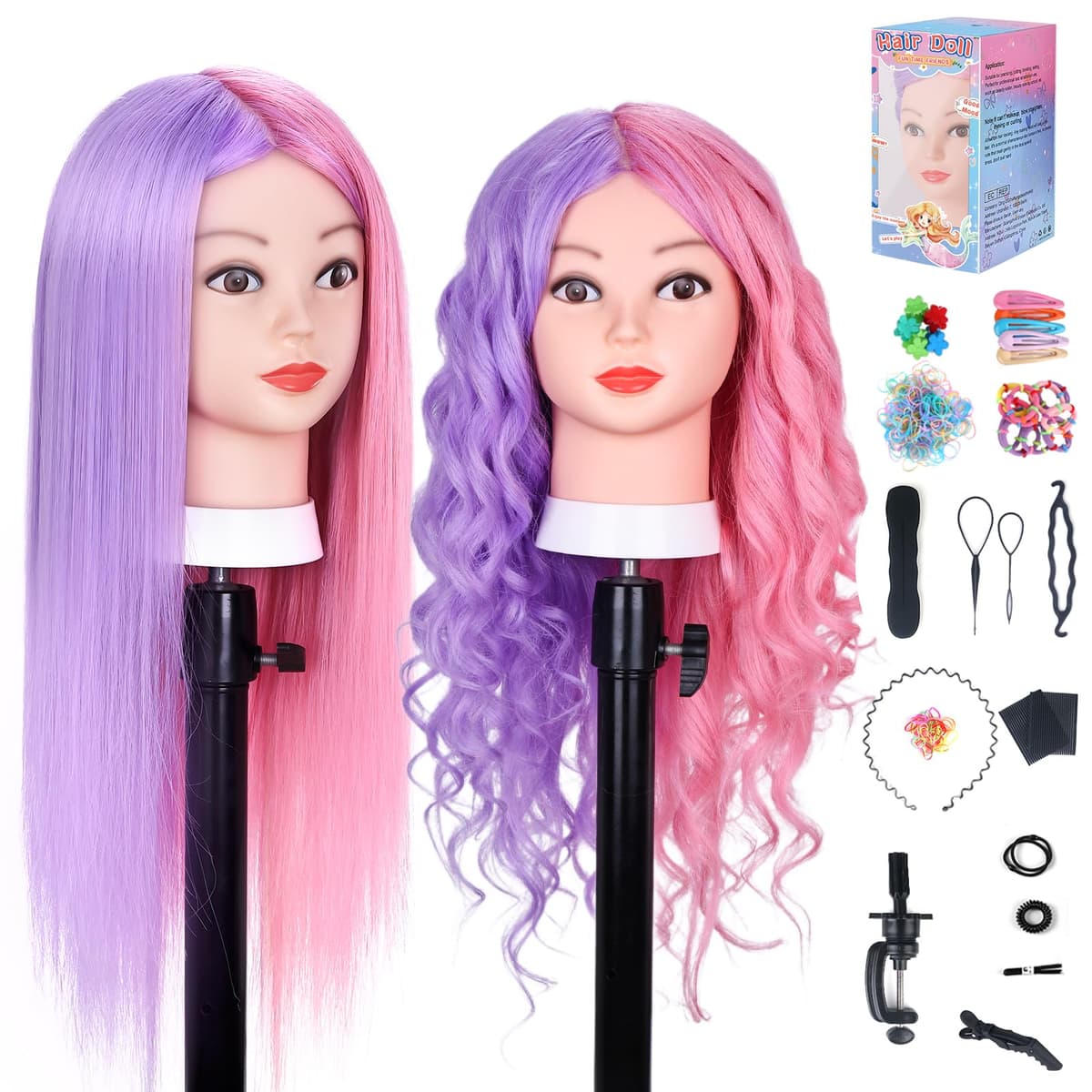 Cabeza de Maniquí, TopDirect 66cm/26" 50% Cabello Real Practicas Formación Muñeca de la Cosmetología para Peluquería, Cabeza de Muñeca con Soporte de Mesa + Accesorios de Peinado
