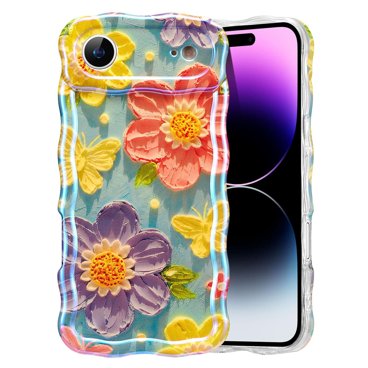 EYZUTAK Case for iPhone 16, Colorful Retro Oil Painting Printed Flower Laser Glossy Pattern Cute Curly Wave Edge Exquisite Phone Cover Stylish Durable TPU Protective Case for Girl Women-Green — view 104