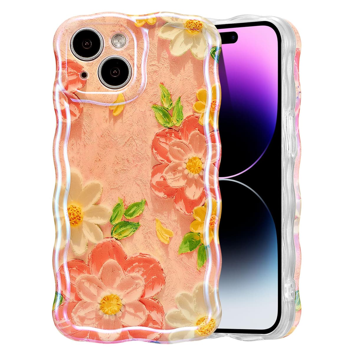 EYZUTAK Case for iPhone 16, Colorful Retro Oil Painting Printed Flower Laser Glossy Pattern Cute Curly Wave Edge Exquisite Phone Cover Stylish Durable TPU Protective Case for Girl Women-Green — view 26
