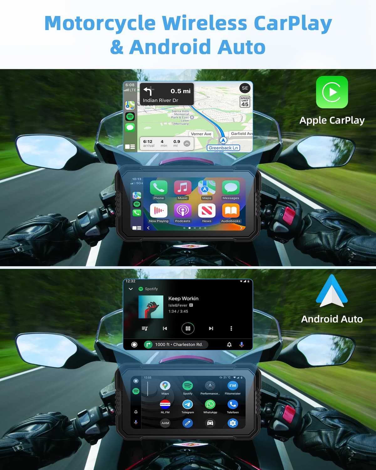 4K Carplay Moto Android Auto 6.25 Pulgadas Pantalla TáCtil con Dashcam Delantera Trasera, Navegador GPS Moto Conectar y Usar IP67 Impermeable Doble Bluetooth Siri/Goo.gle Assistant — view 2