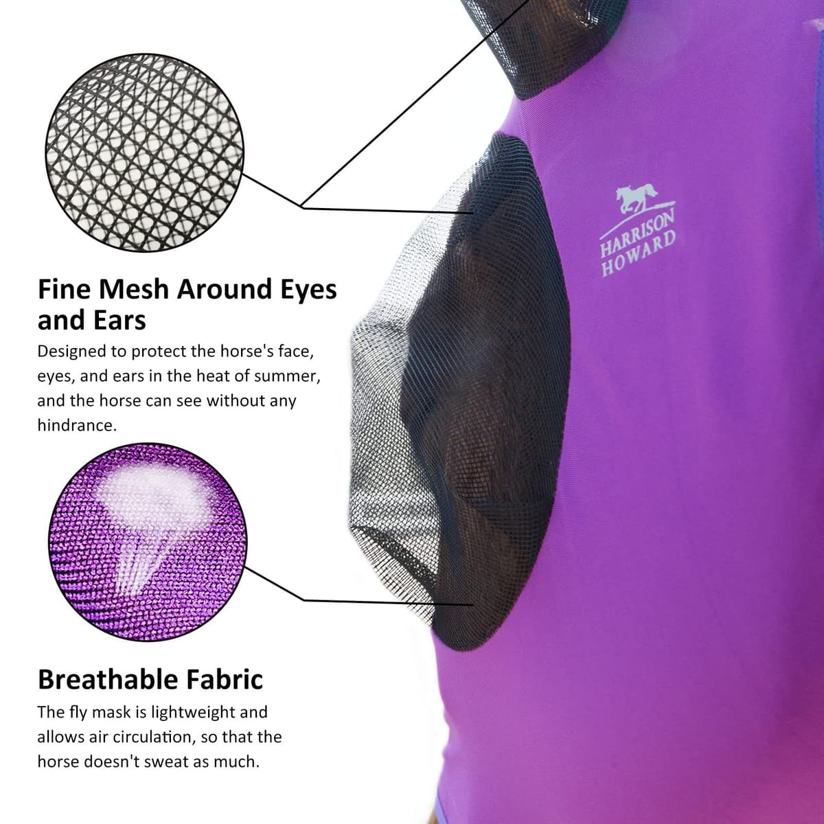 Harrison Howard Super Comfort Stretchy Fly Mask Large Eye Space with UV Protection Soft on Skin with Breathability-Amethyst — view 2