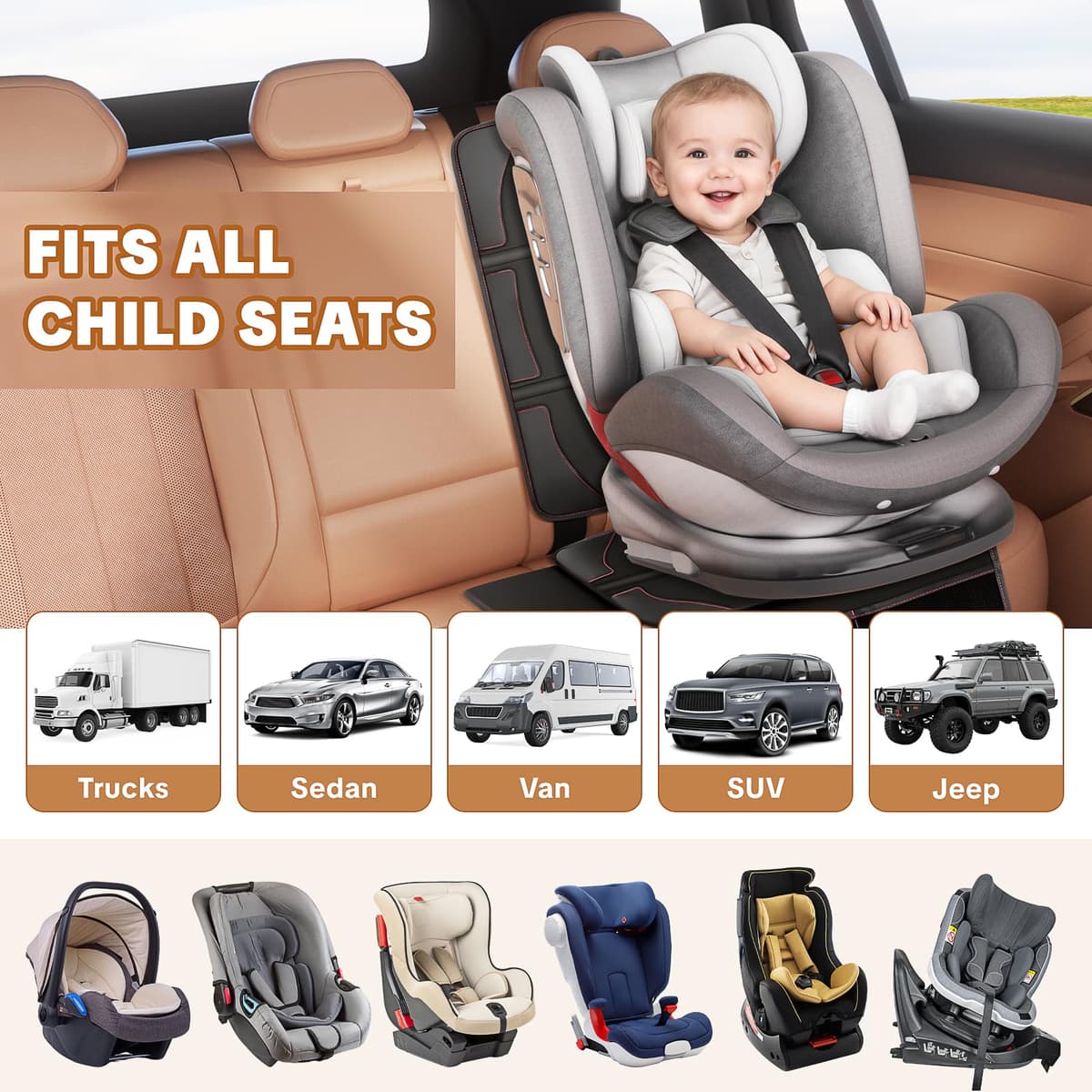 NWOUIIAY Protector de Asiento para Coche Impermeable Antideslizante con Bolsillos para los Asientos de Coche de Bebé Fácil de Limpiar y Arreglar Negro — view 5