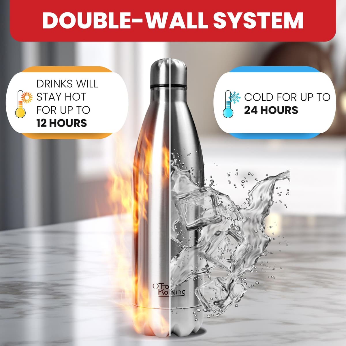 Water Bottle Otto Koning 1L - 1 Litre Stainless Steel Vacuum Insulated Flask - Keeps Cold 24h / Hot 12h - Large Leak Proof & BPA Free Metal Drinks Bottle for Gym, Hiking & Sports — view 7