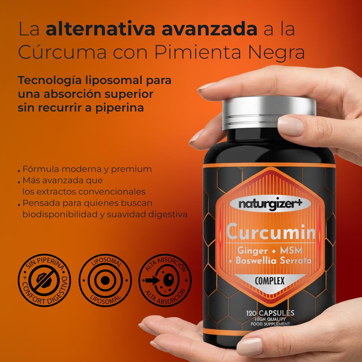 Cúrcuma LIPOSOMAL Complex con Jengibre, Boswellia, MSM | Alta Absorción | Apoyo Premium para Articulaciones, Músculos y Digestión | Curcumina en Cápsulas Vegetales |120 Cápsulas (60 Días) Naturgizer+ — view 2