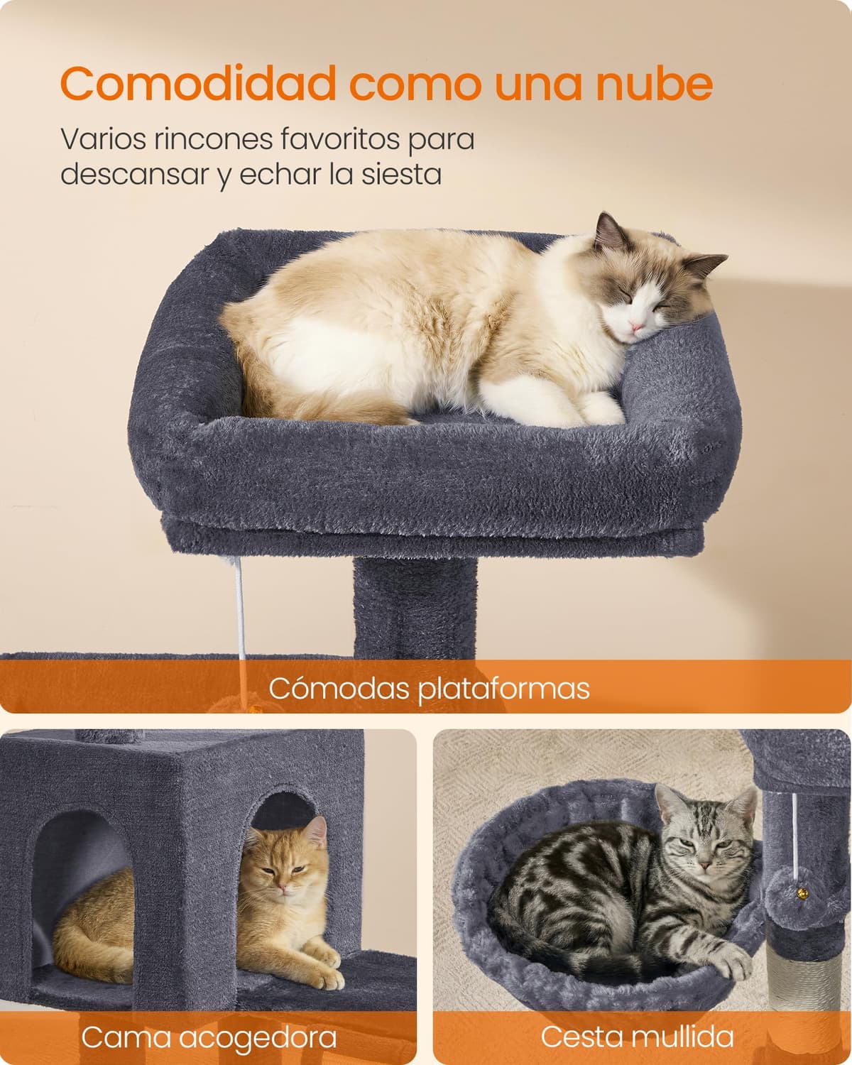 Feandrea Árbol para Gatos, Rascador de Gatos, Torre con Postes y Rampa Rascador, 3 Grandes Plataformas, 1 Cueva, 1 Hamaca, 2 Pompones, Altura 136 cm, Gris Oscuro PCT012GS01 — view 4