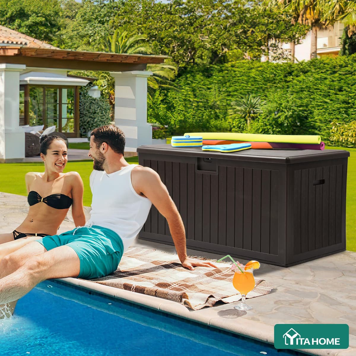 YITAHOME Garden Storage Box Outdoor 567.8L, Heavy-Duty Waterproof Resin Deck Box with Lockable Lid, All-Weather Storage Bench for Patio Furniture, Cushions, Pool & Garden Tools, Brown — view 2