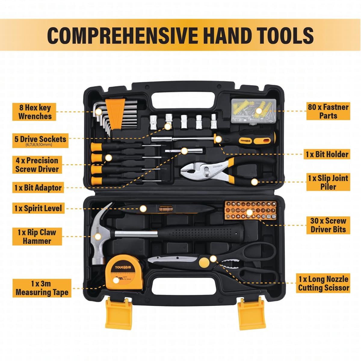 134-Piece Tool Kit – Home & Car DIY Hand Tools Set with Hammer, Hex Keys, Screwdrivers, Sockets, Measuring Tape, Fasteners & Tool Box – Complete Repair & Maintenance Set — view 2