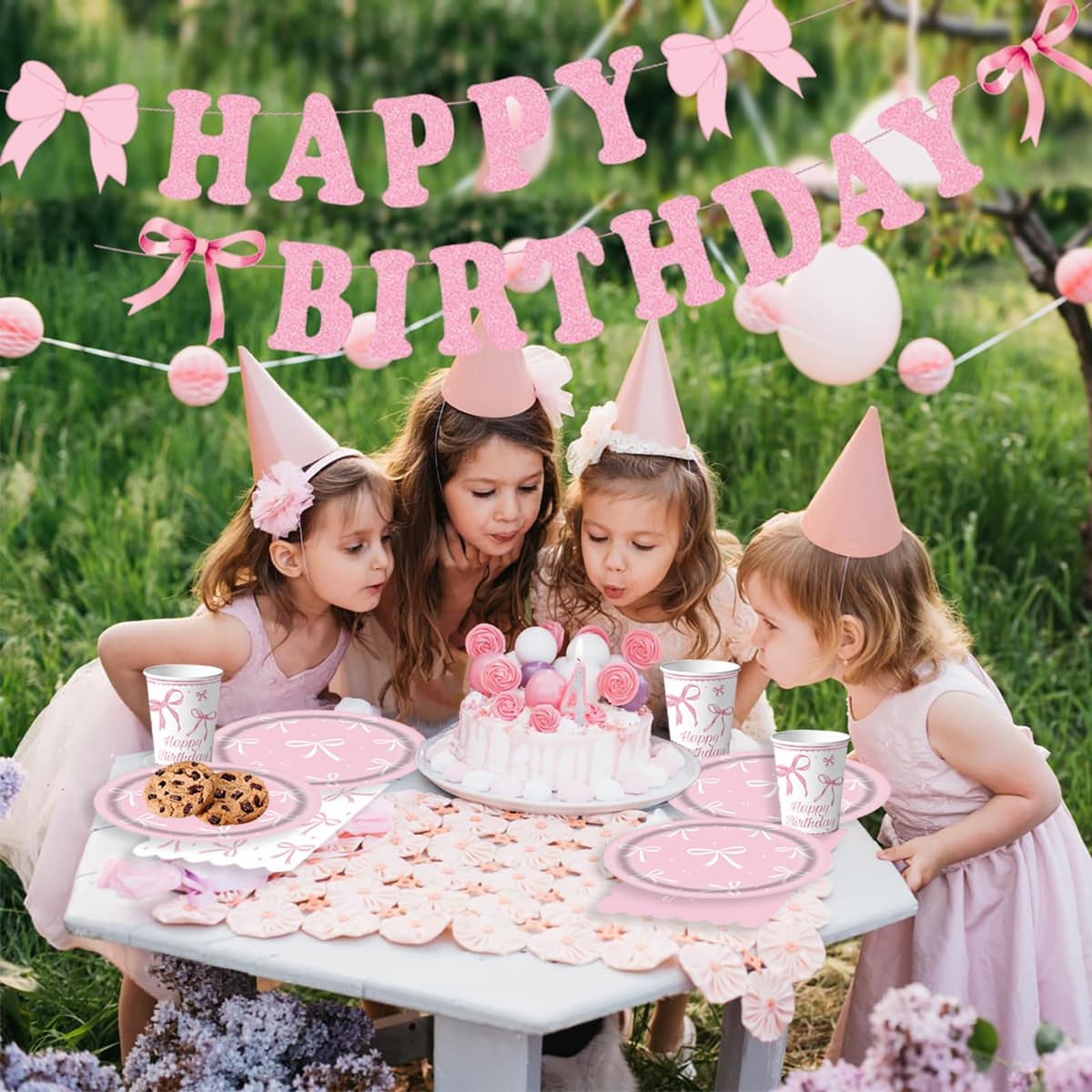 Bikasun Pink Bow Party Tableware Set, Princess Children's Birthday Tableware, Cups, Napkins, Paper Plates for Girls Women Party Supplies, Serves 16 — view 4