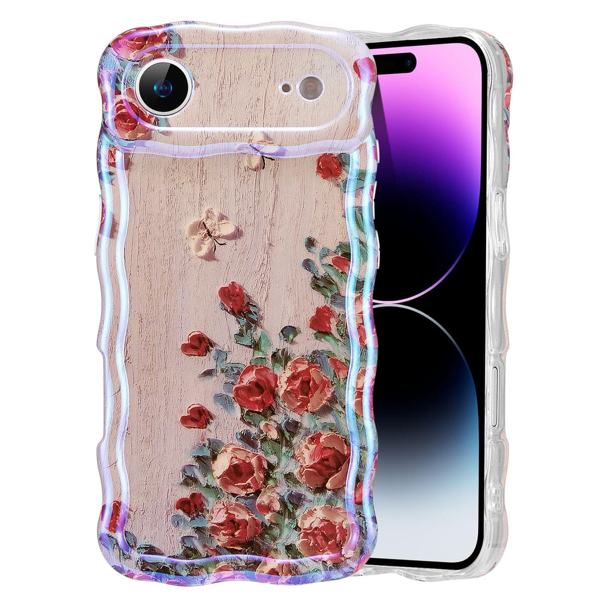 EYZUTAK Case for iPhone 16, Colorful Retro Oil Painting Printed Flower Laser Glossy Pattern Cute Curly Wave Edge Exquisite Phone Cover Stylish Durable TPU Protective Case for Girl Women-Green — view 73
