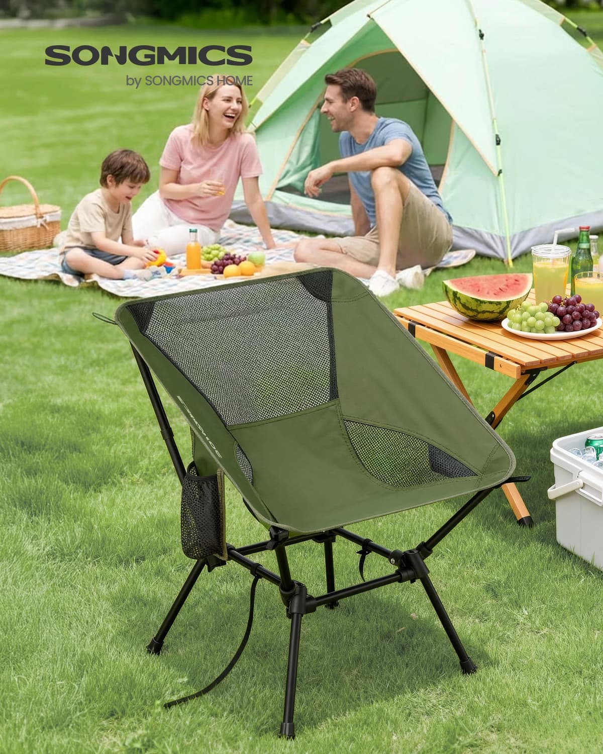 SONGMICS Silla de Camping con Respaldo Bajo, Juego de 2, Silla de Exterior Plegable de Altura Ajustable, Marco de Acero, Carga de 150 kg, con 2 Bolsillos, para Viajes, Verde GCB052CZ01 — view 2