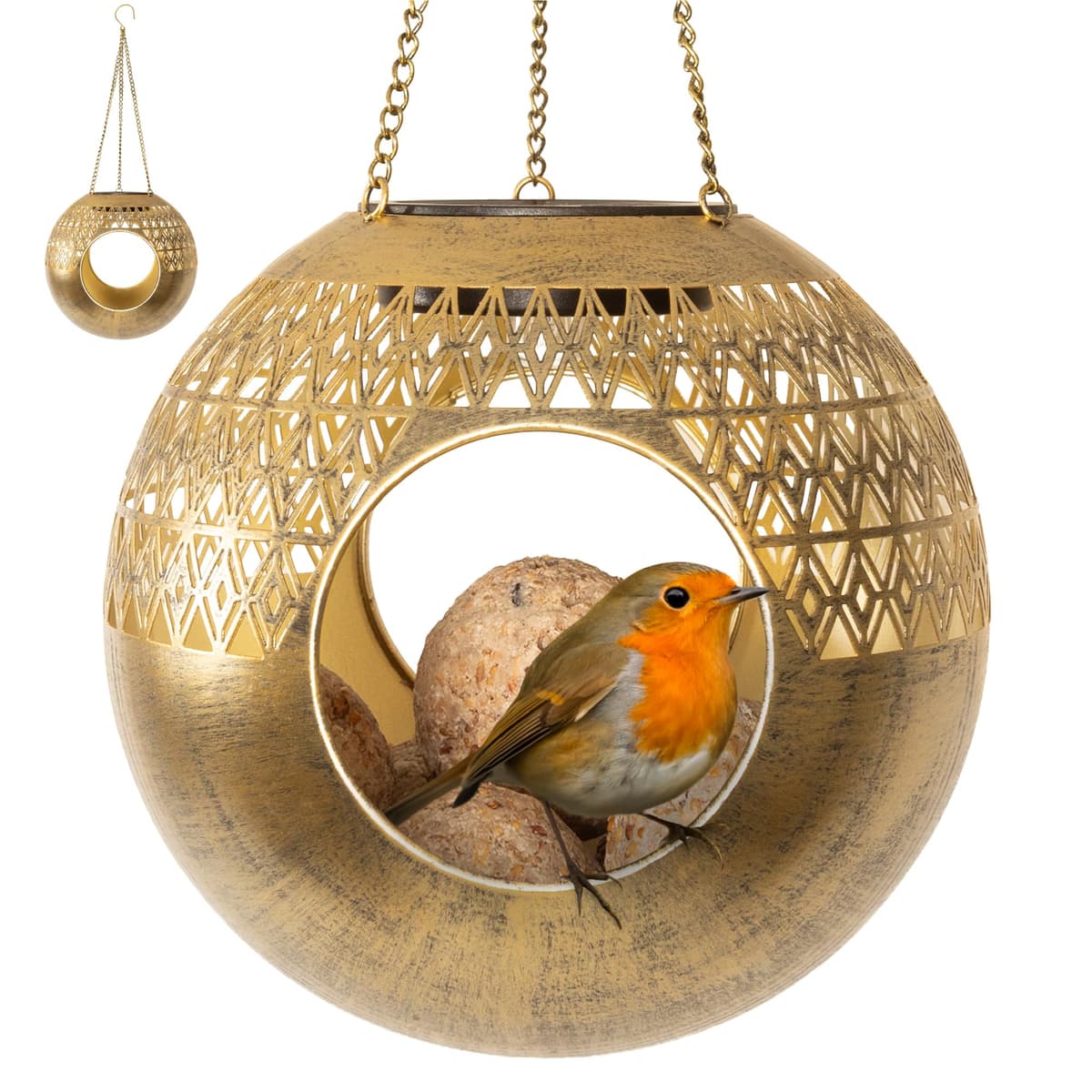 Gadgy Comedero Solar para pájaros Colgante – Diseño Redondo Moderno de Metal – Comedero para pájaros 360° con iluminación Solar – Casa para pájaros Impermeable para jardín, balcón, terraza