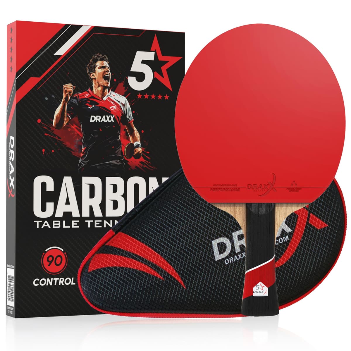 DRAXX Sports Pala Ping Pong Carbon | Raqueta de Carbono Profesional para un Control inigualable, Giro y Potencia, Ultra Ligera, Esponja de 2 mm y Revestimiento de Alto Rendimiento