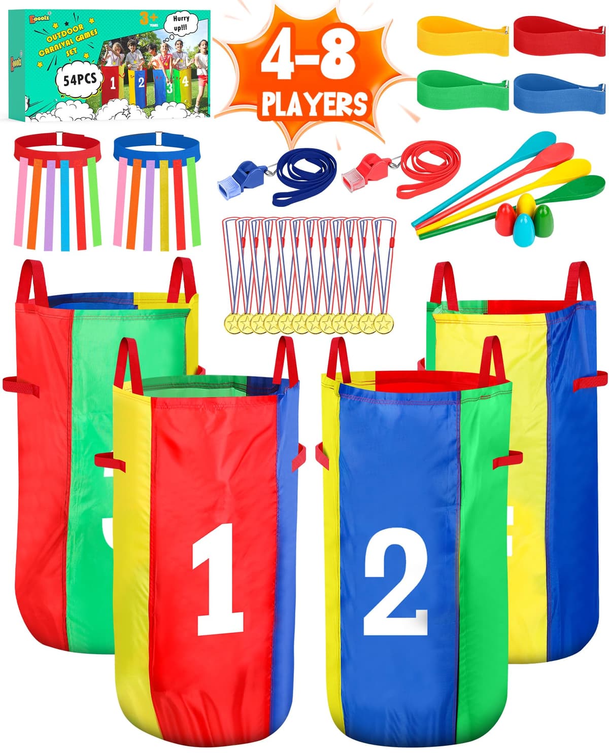 Eocolz Outdoor Carnival Games, Potato Sack Bags for Kids Adults, Egg Spoon Relay Race, 3 Legged Race Bands, Catch Tail Games, Birthday Party, Field Day Family Day Yard Lawn Easter Fall Festival Games