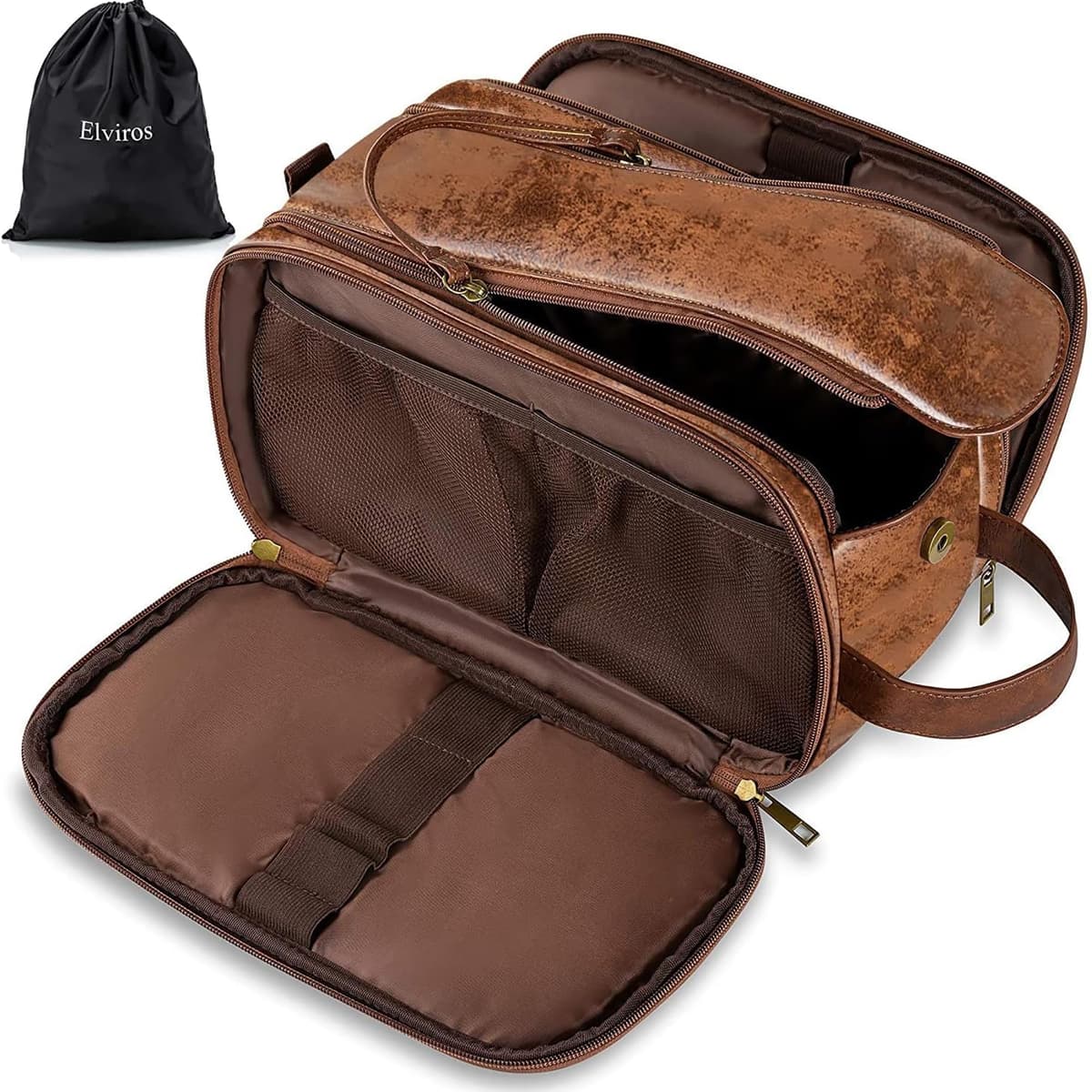 Elviros Water-Resistant PU Leather Toiletry Bag for Men Large Travel Wash Bag Shaving Dopp Kit Bathroom Gym Toiletries Makeup Organizer with Wet Dry Bag,Gift for Men — view 18