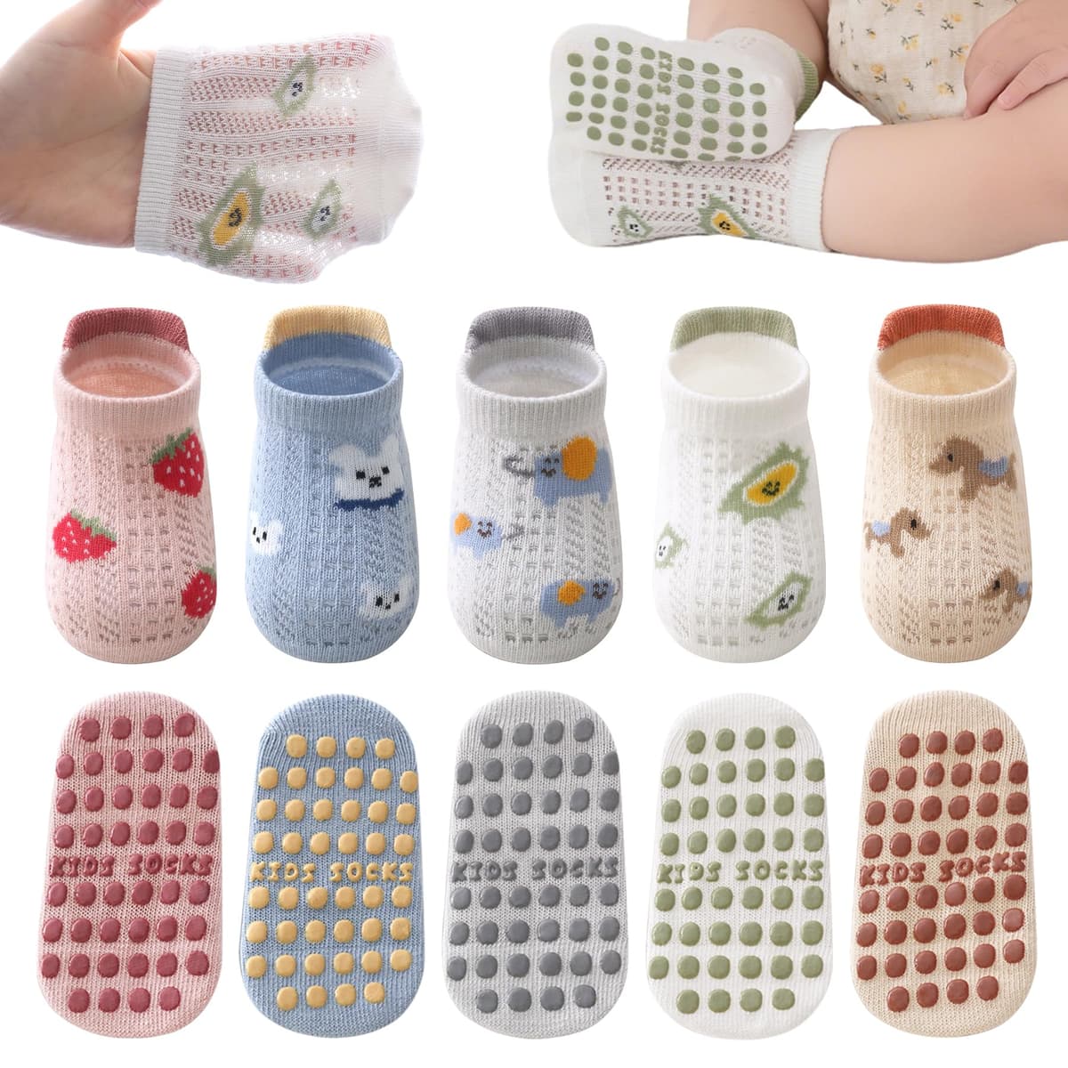 Bebé Antideslizante Tobillo Calcetines con Agarre Algodón Transpirables para Bebés Niños Niñas 5 Par Multicolores — view 8