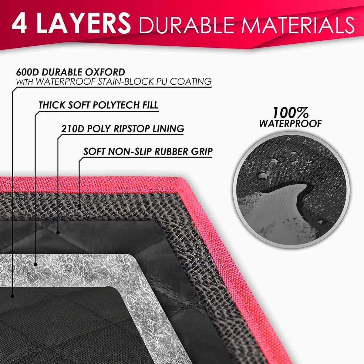 Dog Hammock for Car Back seat with Mesh Visual Window, Side Flaps with Zipper, Padded 4 Layers Waterproof Heavy Duty Hammock with Storage Bag, Scratch Proof Nonslip Pet Car Seat Cover (Black/Red) — view 6