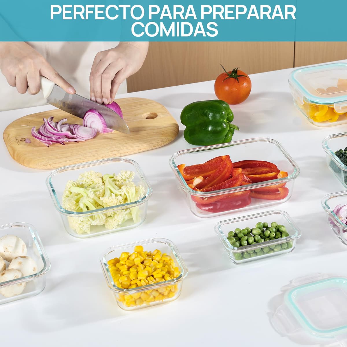 Vtopmart Set de 8 Unidades Recipientes de Cristal para Alimentos, Recipientes de Vidrio Hermeticos con Tapa, Reutilizables, Apilables, Apto Lavavajillas y Microondas,Libre de BPA — view 4