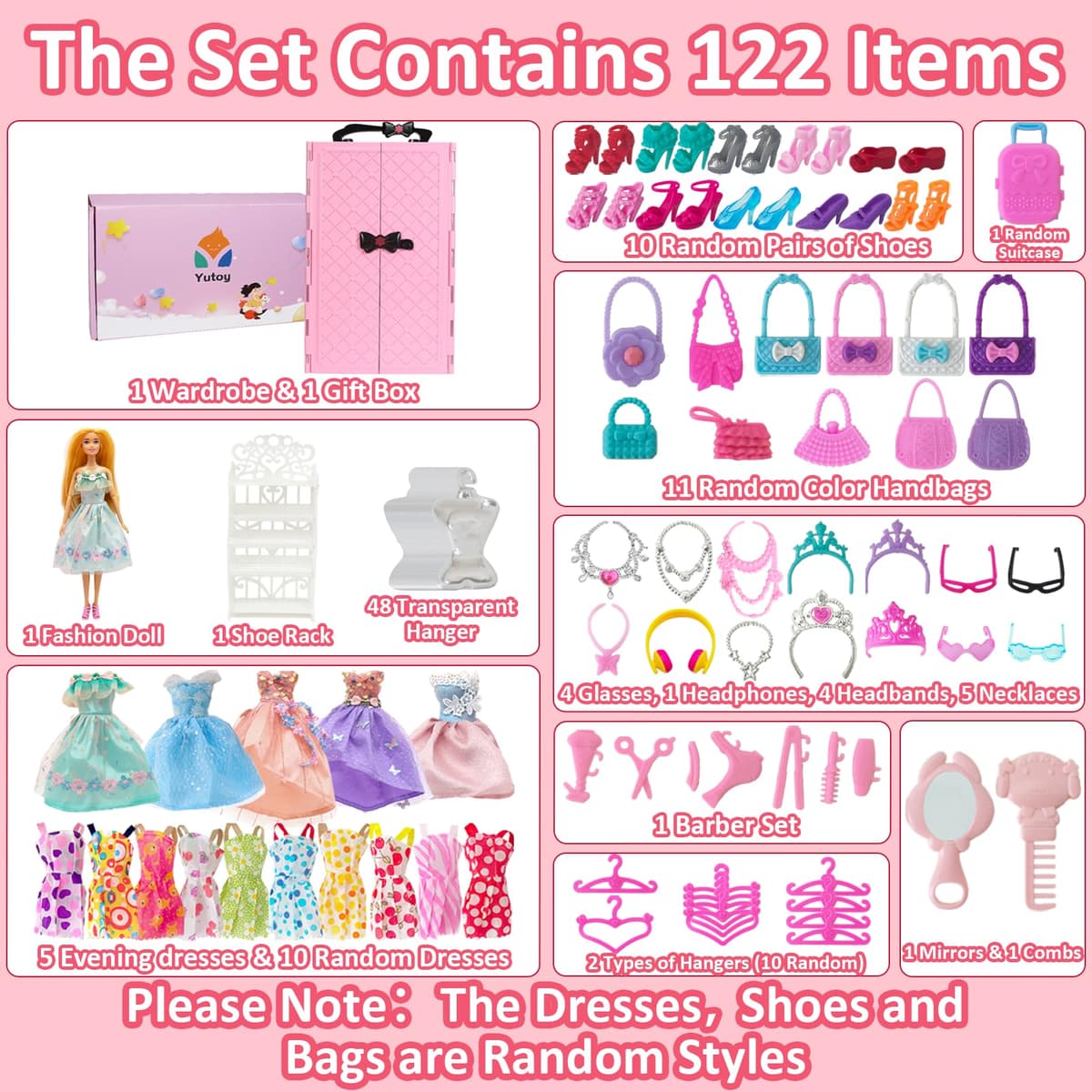122 Piezas Armario Muñecas con Muñeca 11,5 Pulgadas, Ropa y Accesorios, Incluye Vestido Princesa Zapatos Bolsos Otros Complementos, Juguetes Disfraces Adecuados para Niñas, Niños y Niños (Rosa) — view 2