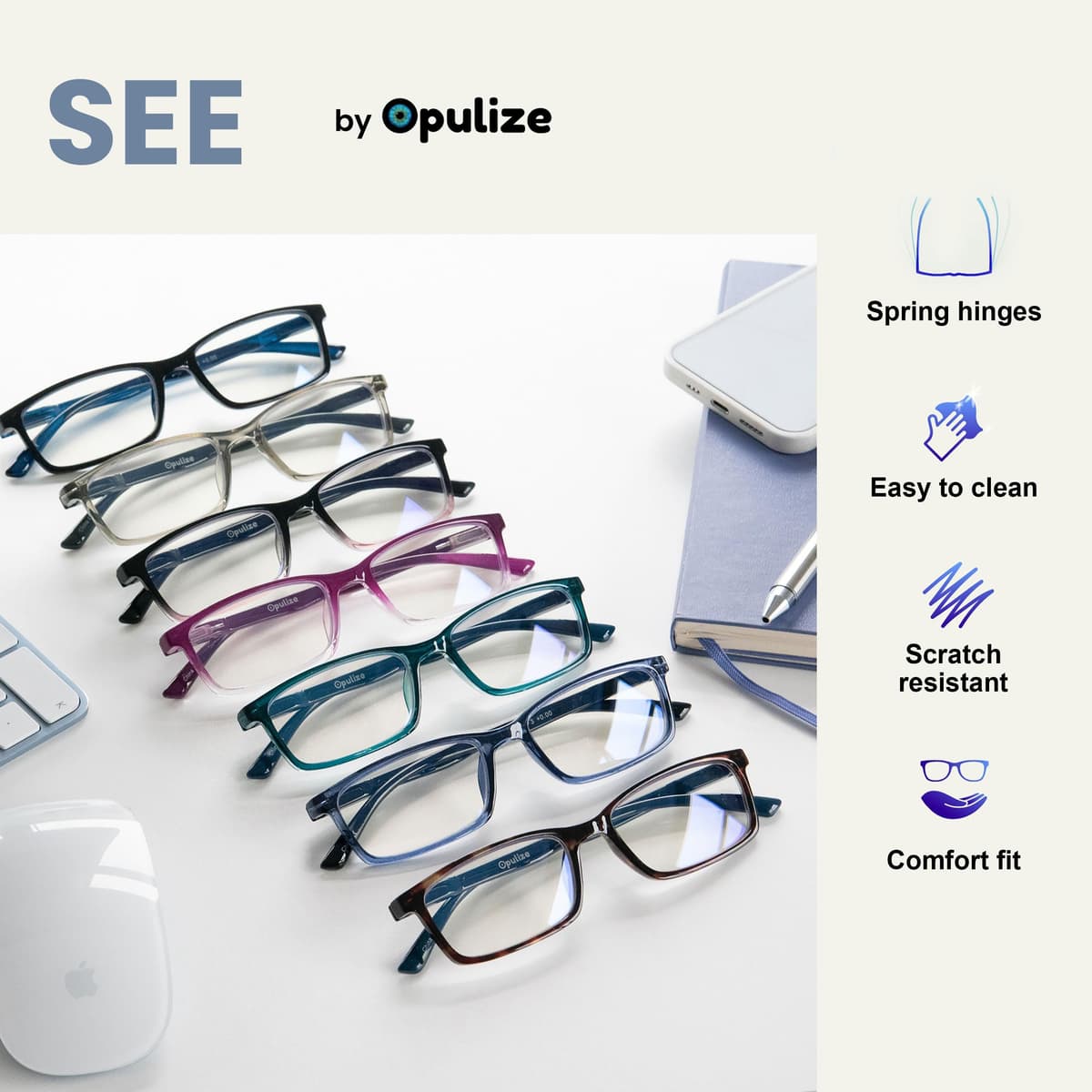OPULIZE SEE Blue Light Blocking Reading Glasses for Men Women Anti Glare Lenses UV Protection Rectangular, 3 Pack - Black/Brown/Blue — view 15