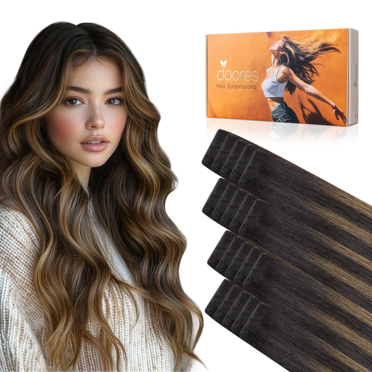 DOORES Tape in Hair Extensions Human Hair, Balayage Dark Brown to Chestnut Brown 50g 20pcs 18 Inch, Human Hair Extensions Natural Remy Straight Skin Weft — view 43