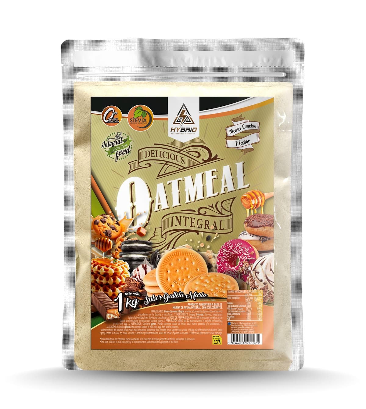Harina de Avena Integral 100% – Hybrid Sport Nutrition - Fuente de Fibra y Energía 1 kg - Sin Azúcares Añadidos (1 Kg, Galleta María)