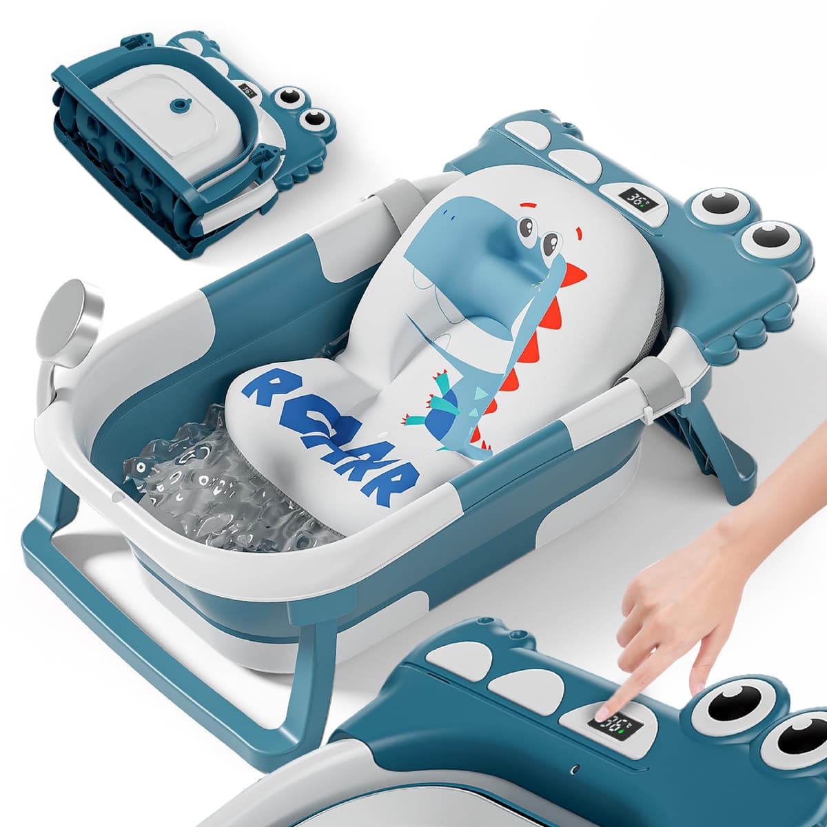 Bañera Plegable Bebé Con Cojín De Baño Antideslizante - Bañera Bebe Plegable Con Termómetro - Asiento bañera Bebe - Desde El Nacimiento Hasta Los 3 Años - Regalos De Nacimiento (GRIS, DINO) — view 12