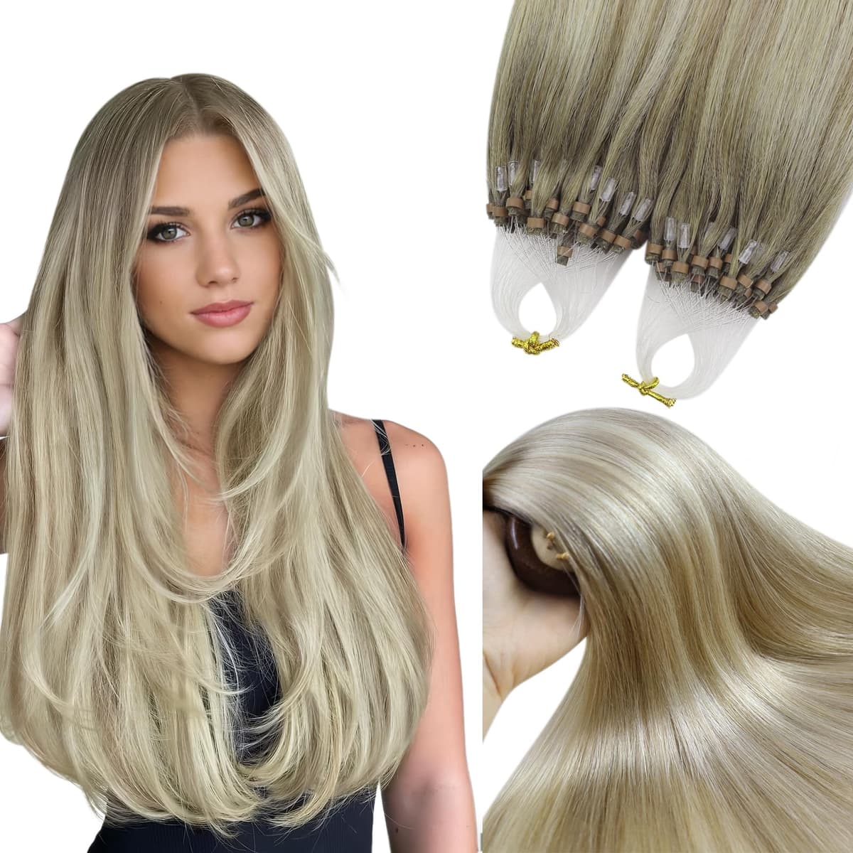 YoungSee Nano Hair Extensions Blonde 16inch Nano Beads Hair Extensions Warm Ash Blonde Highlight Bleach Blonde Nano Ring Hair Extension Highlight for School Soft Cold Fusion 50s 50g — view 52
