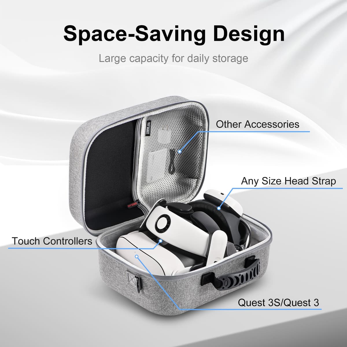 DEVASO Large Carrying Case for Meta Quest 3S/Quest 3, Hard Travel Case for BOBOVR S3 Pro/Kiwi Design Battery Head Strap, Controllers and Other Accessories, Carry Case for Oculus Quest 3S/3, Gray — view 2