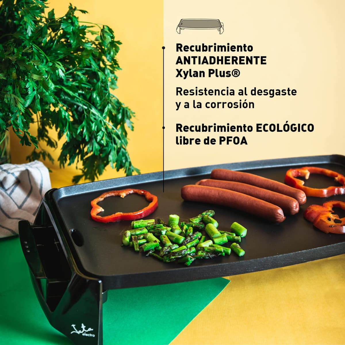 Jata Gr195 Plancha de Asar Cocina Por Igual en Toda La Superficie 46 X 25 Cm Antiadherente Libre de Pfoa Muy Resistente Al Rayado Fácil Limpieza con Bandeja Colectora de Salsas, 2200 W, Color Negro — view 2