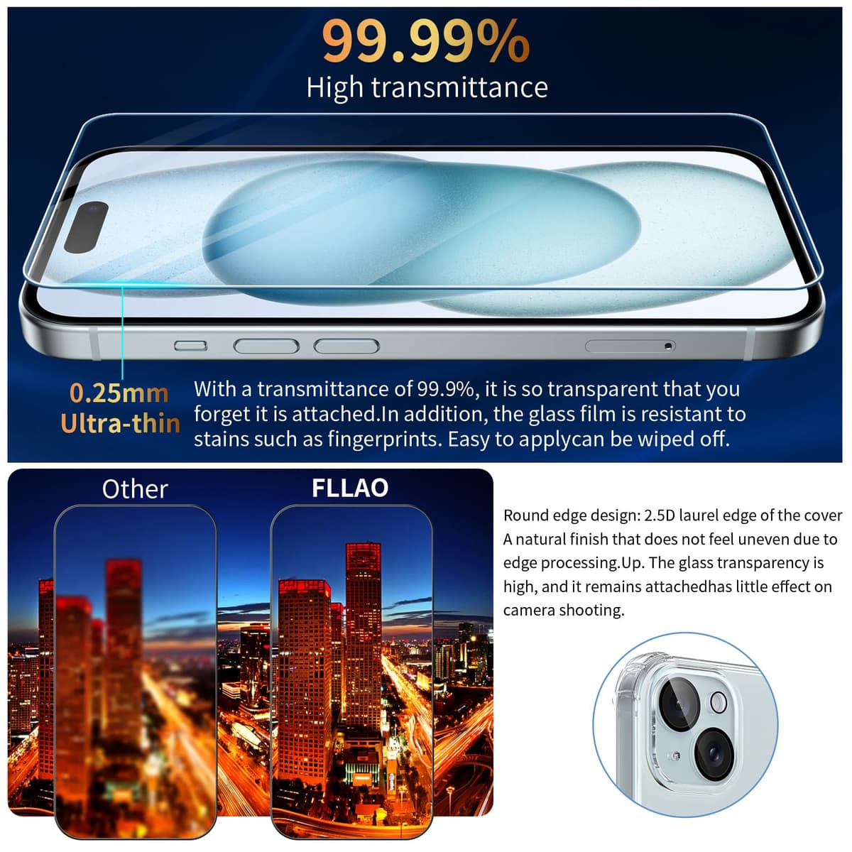 FLLAO 4 en 1 Funda para iPhone 15 con 2 Protector Pantalla y 1 Protector Lente Cámara, [Almohadilla de Aire integrada] Antigolpes Antiarañazos Carcasa 6,1 Pulgadas, Transparente — view 3